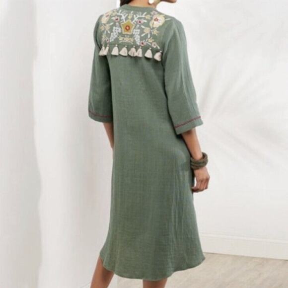 SOFT SURROUNDINGS Cristoforo Floral Embroidered Button Dress Gauze Green {3D17} - Picture 1 of 7